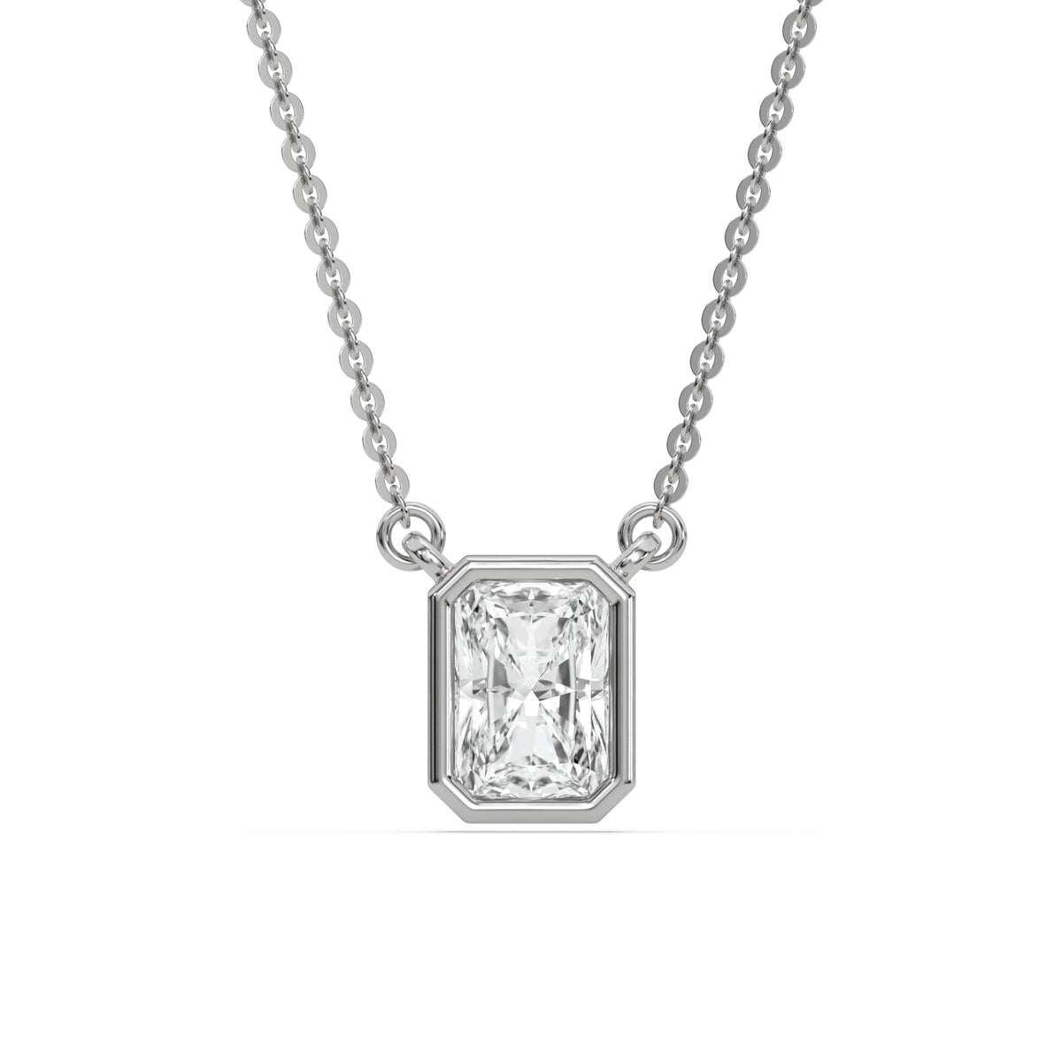 This white gold Radiant Solitaire Diamond Necklace made with a radiant cut diamond in bezel setting with adjustable chain in top view