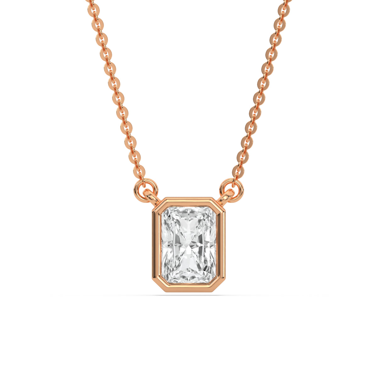 This rose gold Radiant Solitaire Diamond Necklace made with a radiant cut diamond in bezel setting with adjustable chain in top view