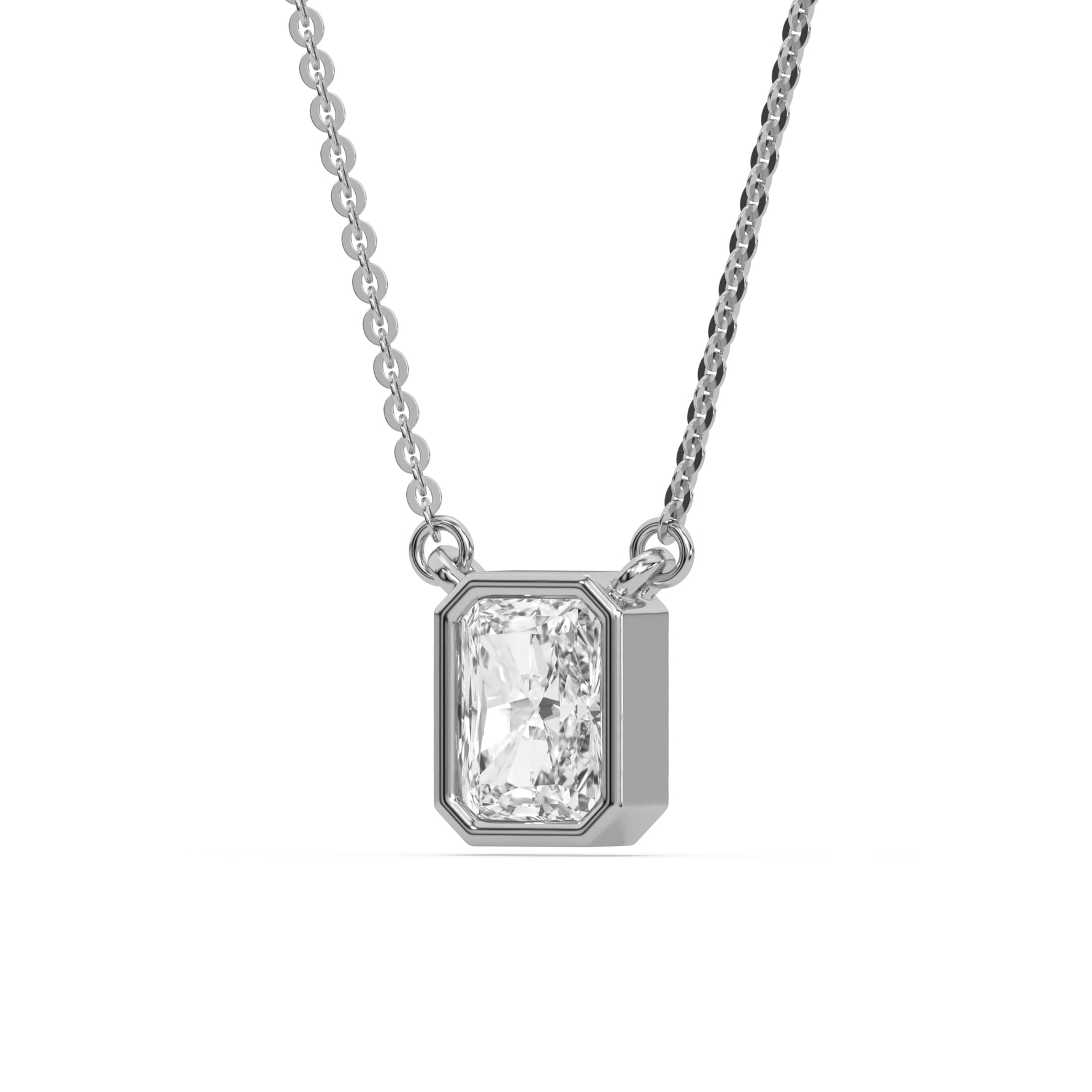 This white gold Radiant Solitaire Diamond Necklace made with a radiant cut diamond in bezel setting with adjustable chain in side view