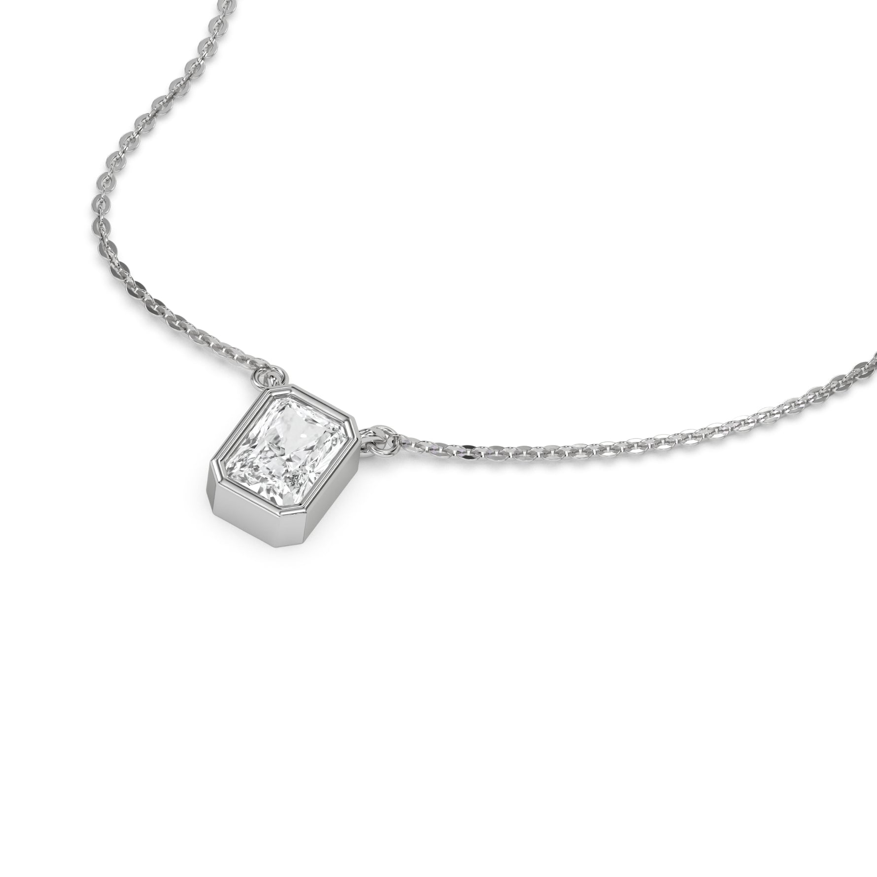 This white gold Radiant Solitaire Diamond Necklace made with a radiant cut diamond in bezel setting with adjustable chain in 3d view