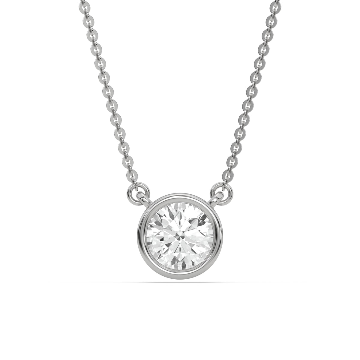 This white gold Round Solitaire Diamond Necklace made with a round brilliant-cut diamond in bezel setting with adjustable chain in top view