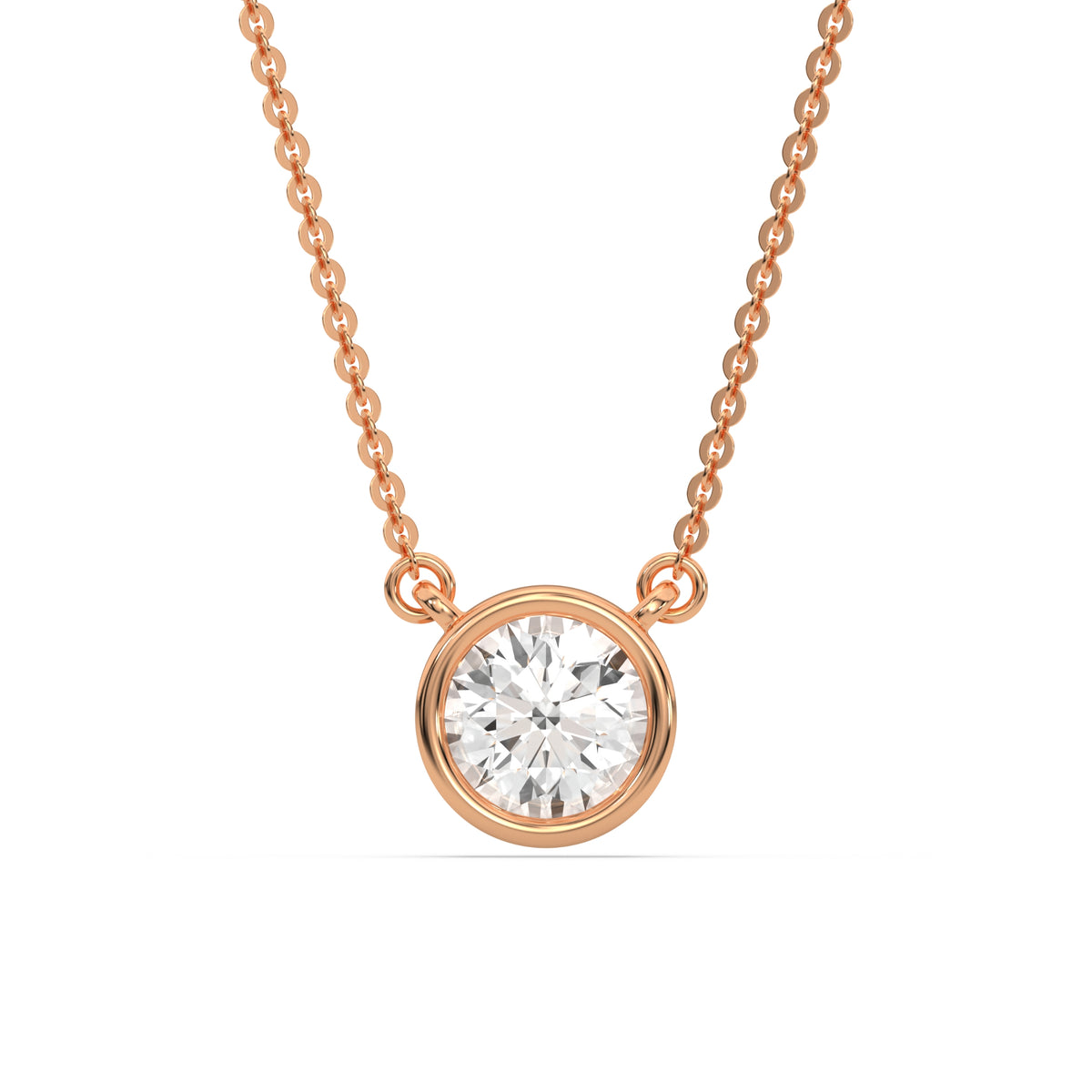 This rose gold Round Solitaire Diamond Necklace made with a round brilliant-cut diamond in bezel setting with adjustable chain in top view