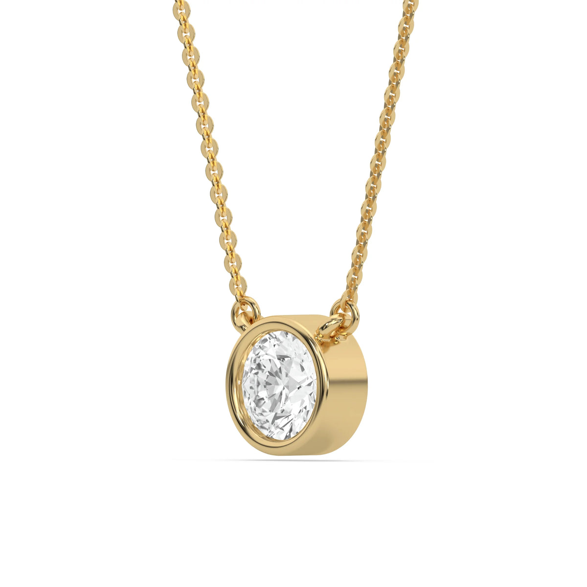 Side-angle view of a bezel-set Round Diamond necklace highlighting the thick, polished 18K yellow gold solitaire pendant setting with a white background.
