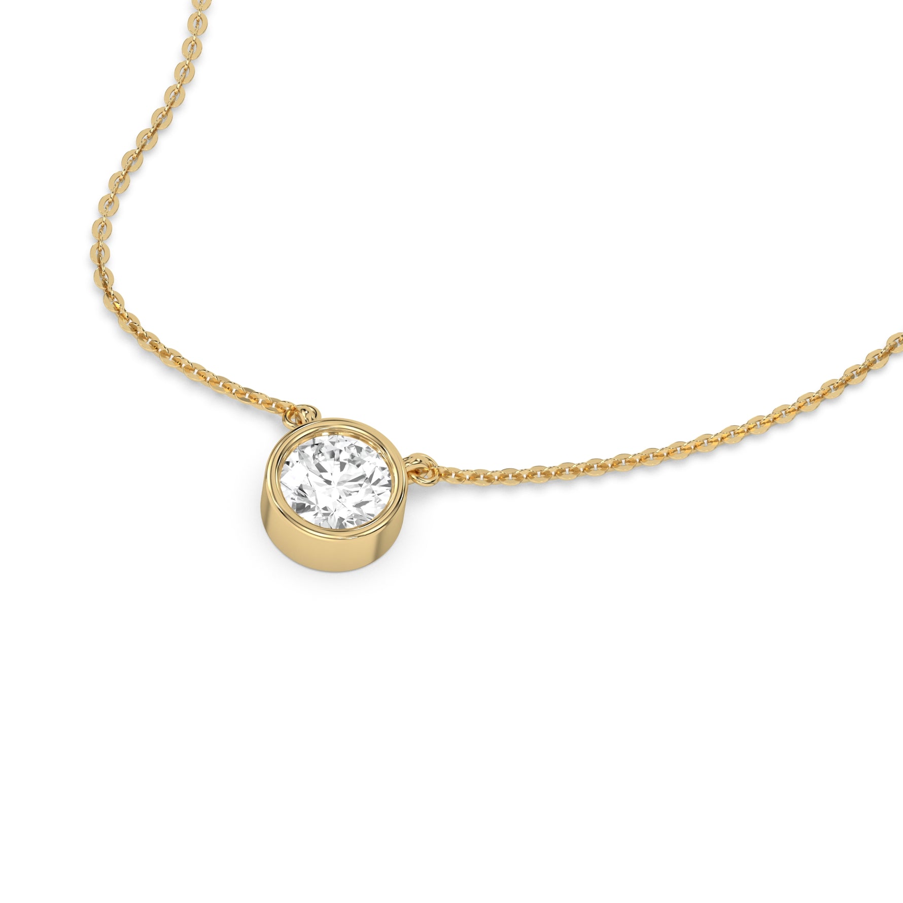 This yellow gold Round Solitaire Diamond Necklace made with a round brilliant-cut diamond in bezel setting with adjustable chain in 3d view