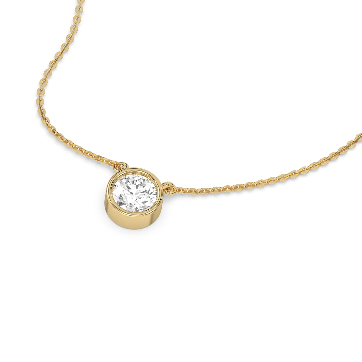 Sparkling Round Diamond necklace pendant in polished yellow gold. The brilliant-cut diamond is securely bezel-set on a delicate cable chain.