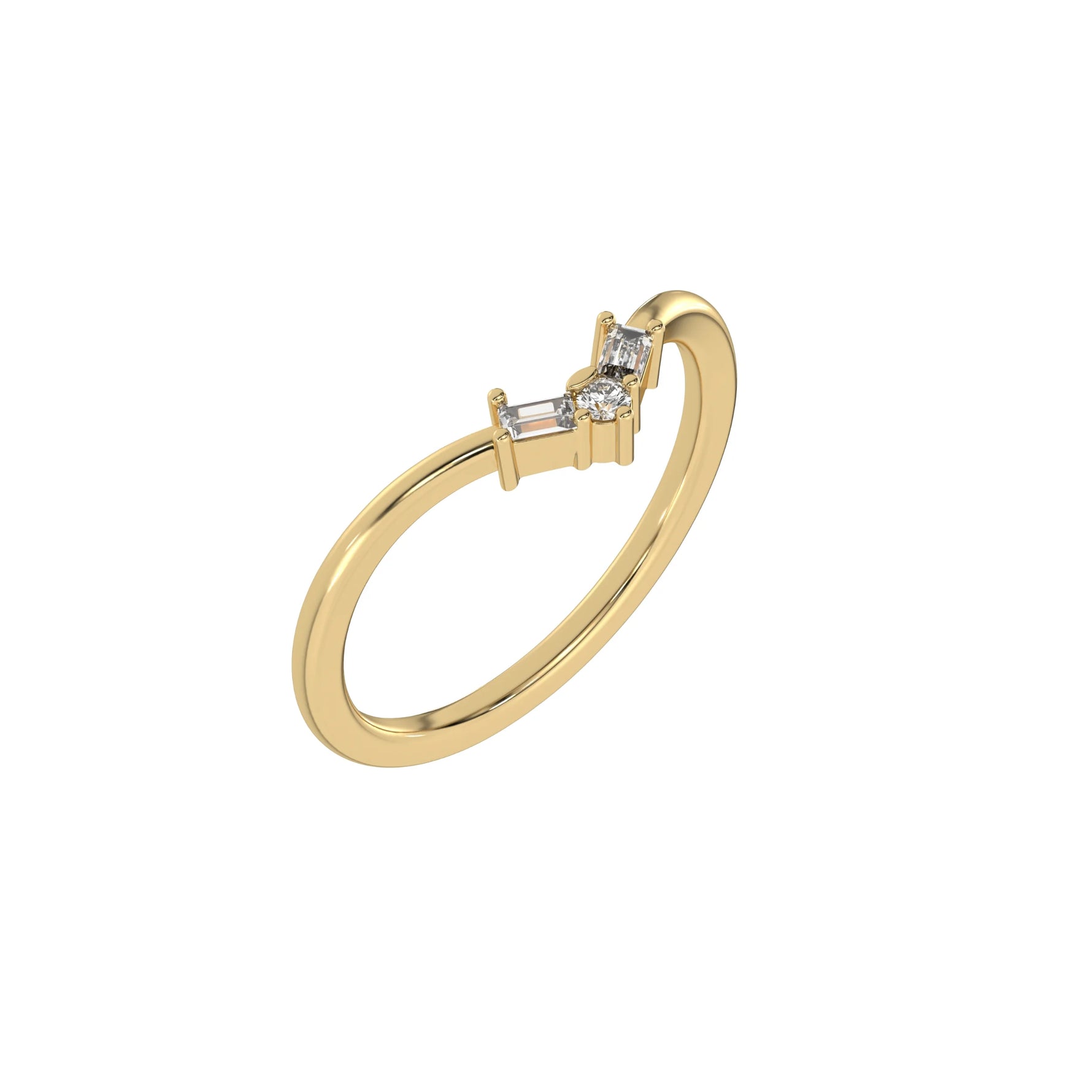 This yellow gold Chevron Diamond Ring handmade with round brilliant-cut diamonds and baguette diamonds all set in a shared prong setting in 3d view