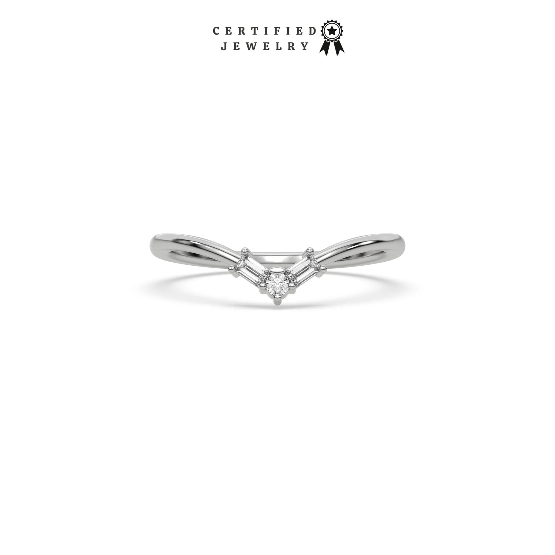 This white gold ring displayed in front view is made with round brilliant-cut diamonds and baguette diamonds all set in a shared prong setting