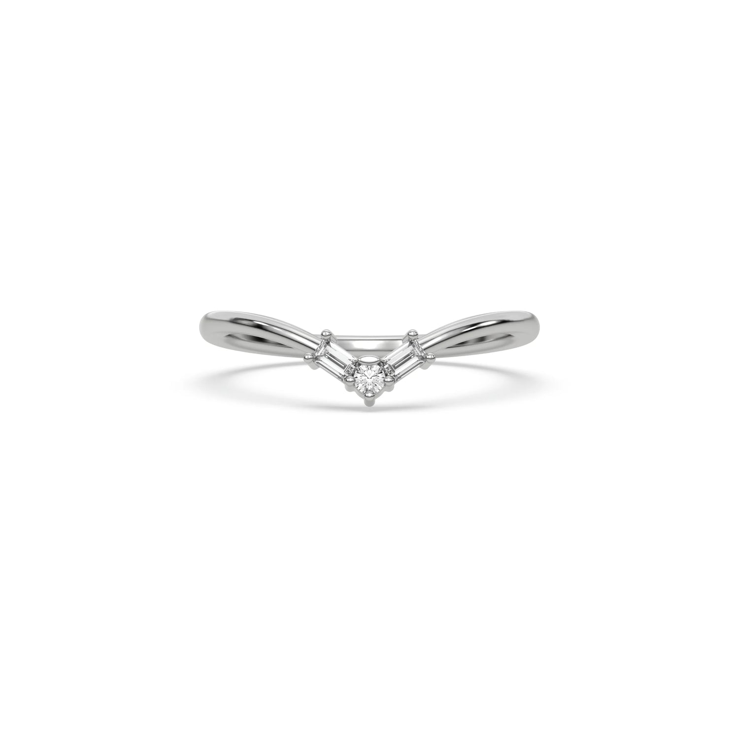 white gold chevron wedding band with baguette and round diamonds. Delicate V-shaped curved stacking ring for women.