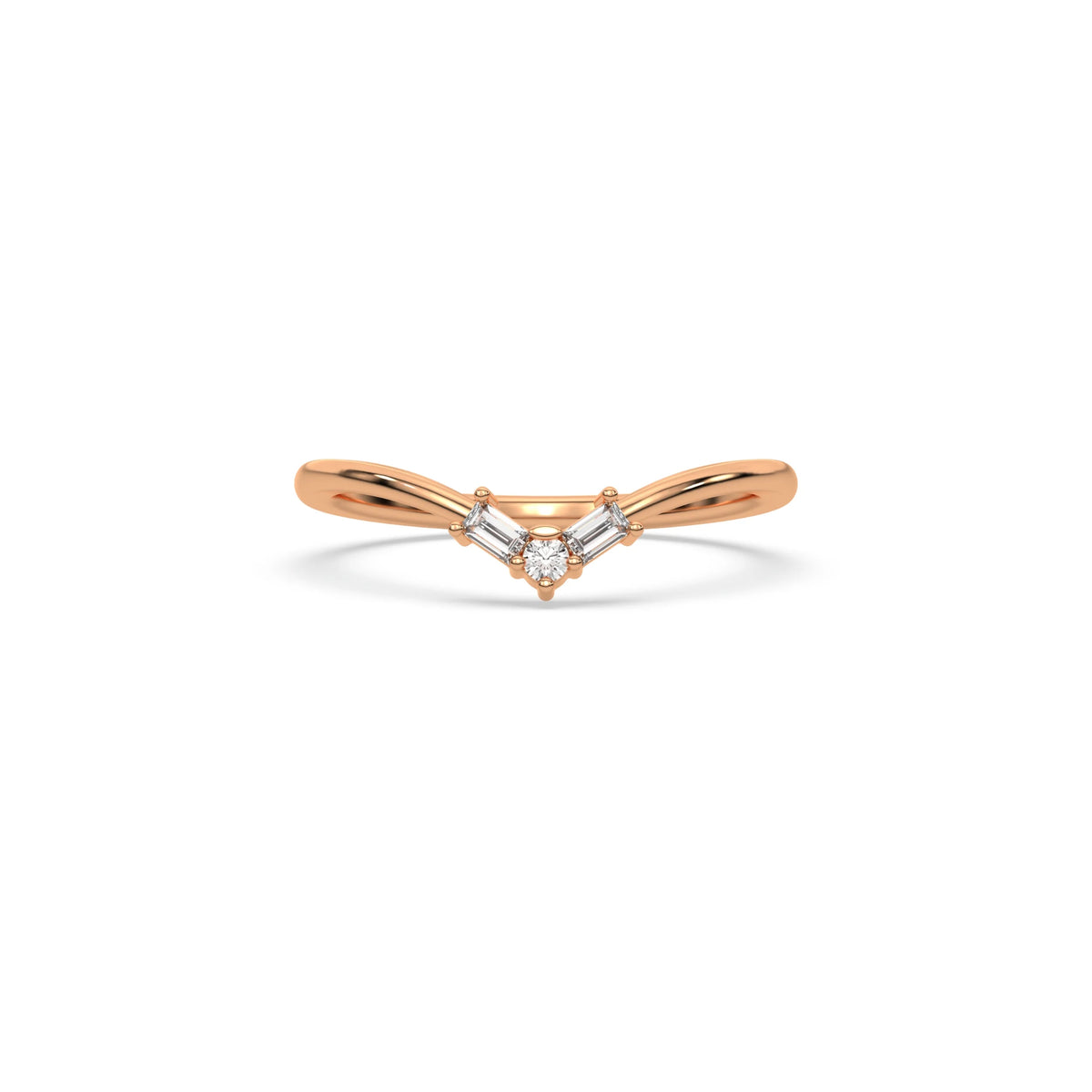 This rose gold ring displayed in front view is made with round brilliant-cut diamonds and baguette diamonds all set in a shared prong setting