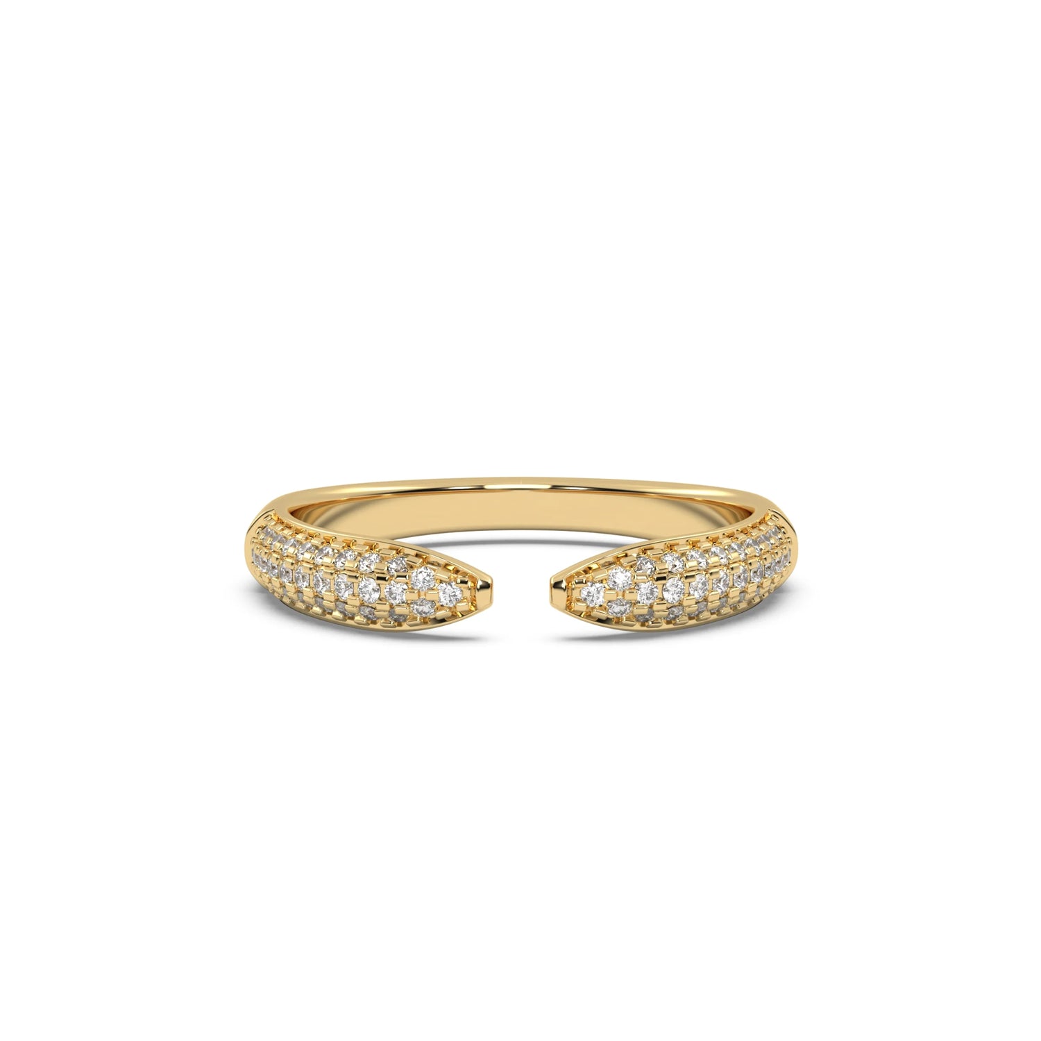 This yellow gold A cuff claw design with open ends, made with round diamonds in a pave setting in top view