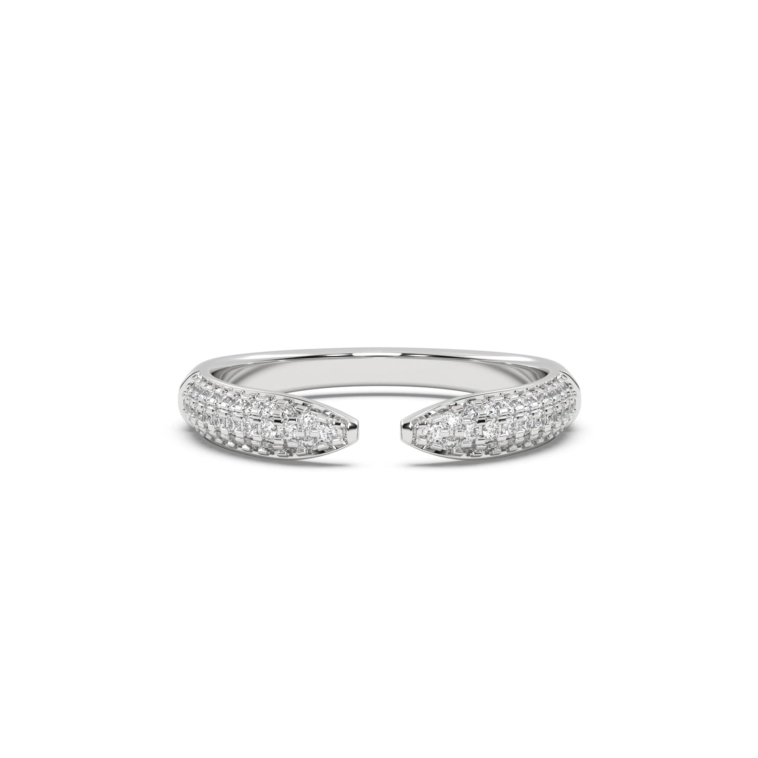 This white gold A cuff claw design with open ends, made with round diamonds in a pave setting in top view