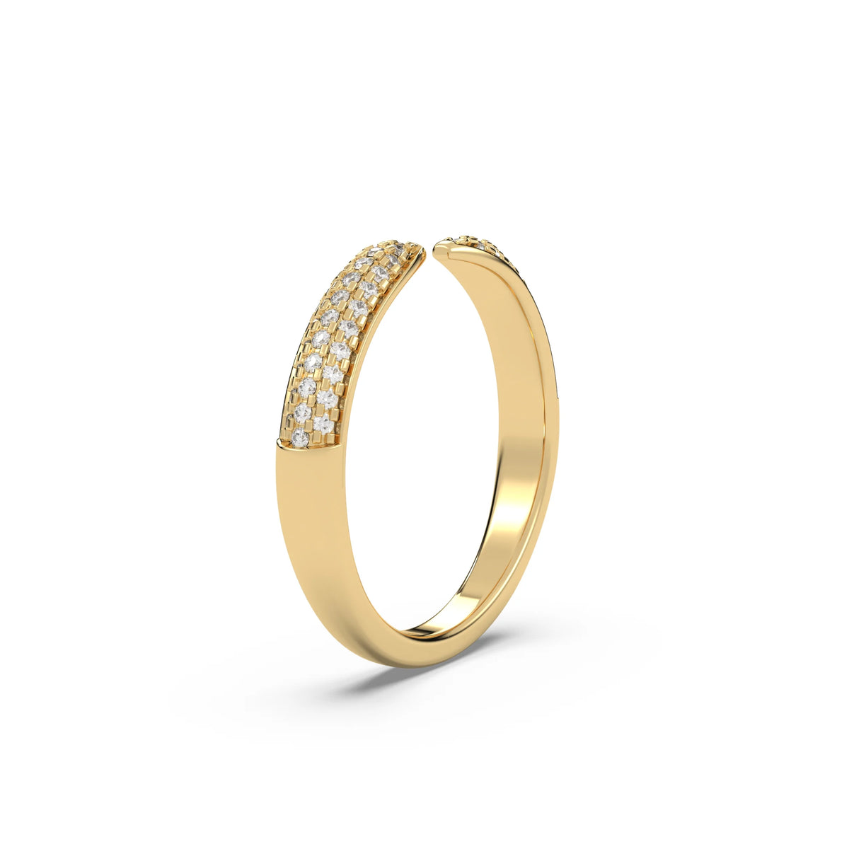 This yellow gold A cuff claw design with open ends, made with round diamonds in a pave setting in side view