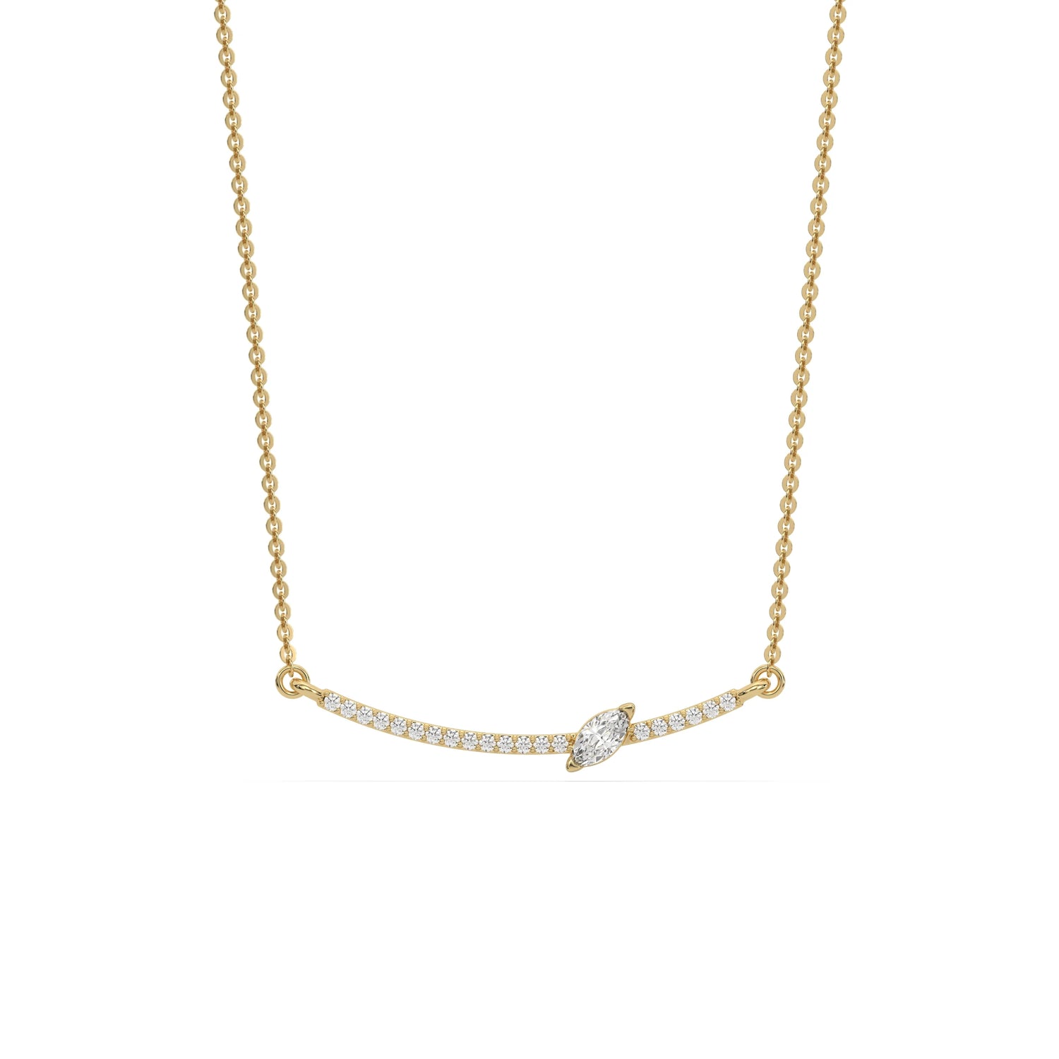 Curved Bar Diamond Necklace made with round brilliant-cut diamond in prong setting with a marquise cut solitaire on top set at an angle with adjustable chain