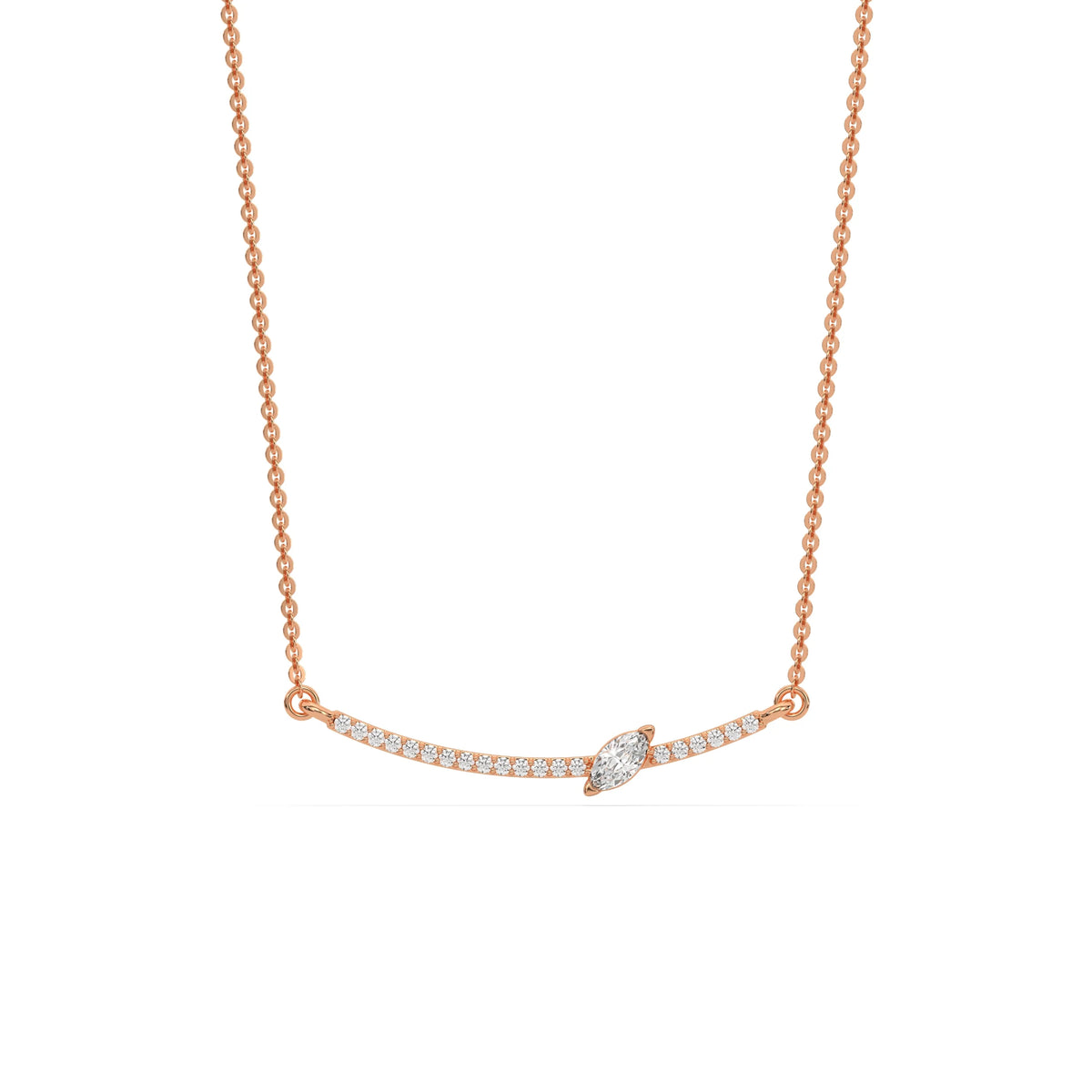 Curved Bar Diamond Necklace made with round brilliant-cut diamond in prong setting with a marquise cut solitaire on top set at an angle with adjustable chain