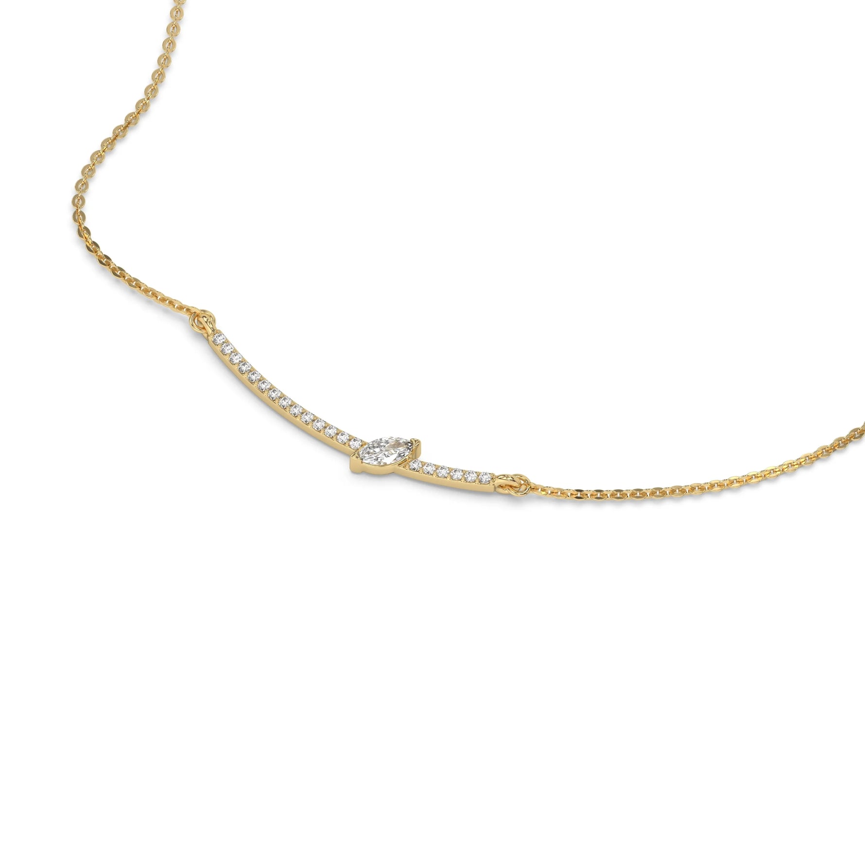 Curved Bar Diamond Necklace made with round brilliant-cut diamond in prong setting with a marquise cut solitaire on top set at an angle with adjustable chain