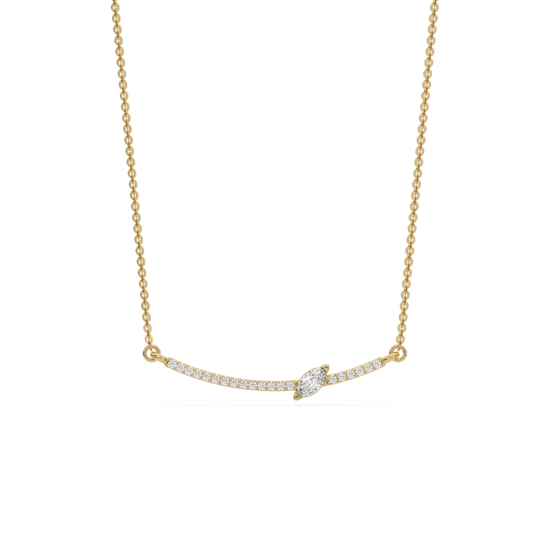 Curved Bar Diamond Necklace made with round brilliant-cut diamond in prong setting with a marquise solitaire on top set at an angle with adjustable chain