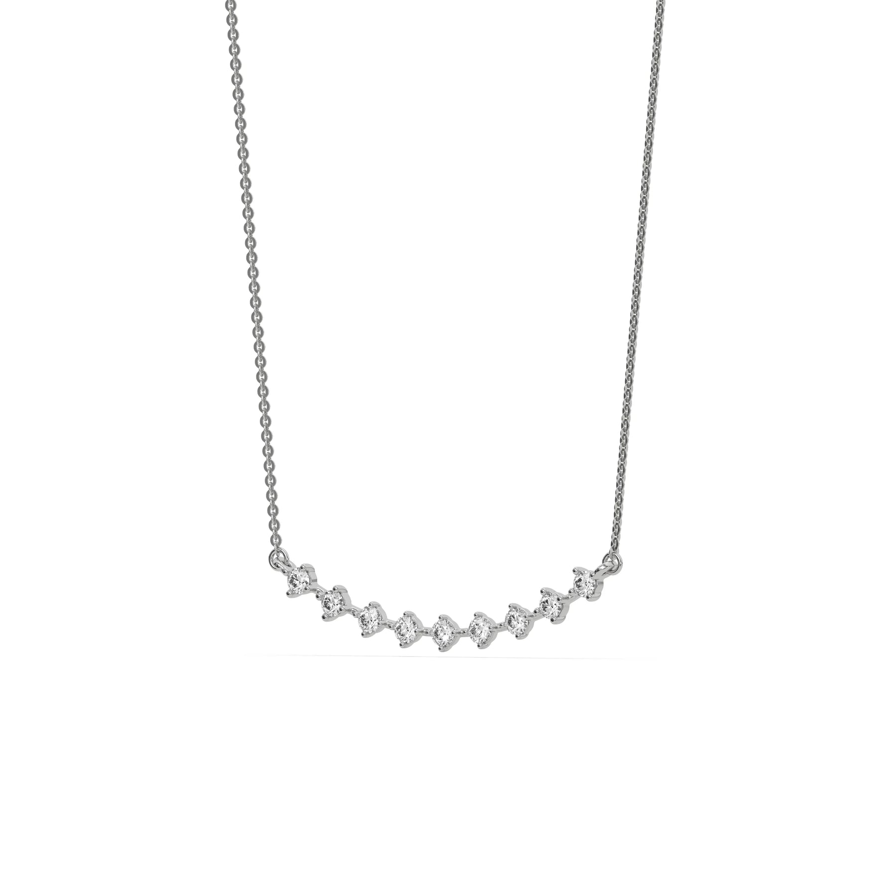 Curved Bar Diamond Necklace made with nine round brilliant-cut diamond in two prong setting with distance between each diamond