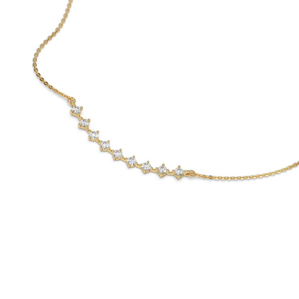 Curved Bar Diamond Necklace made with nine round brilliant-cut diamond in two prong setting with distance between each diamond