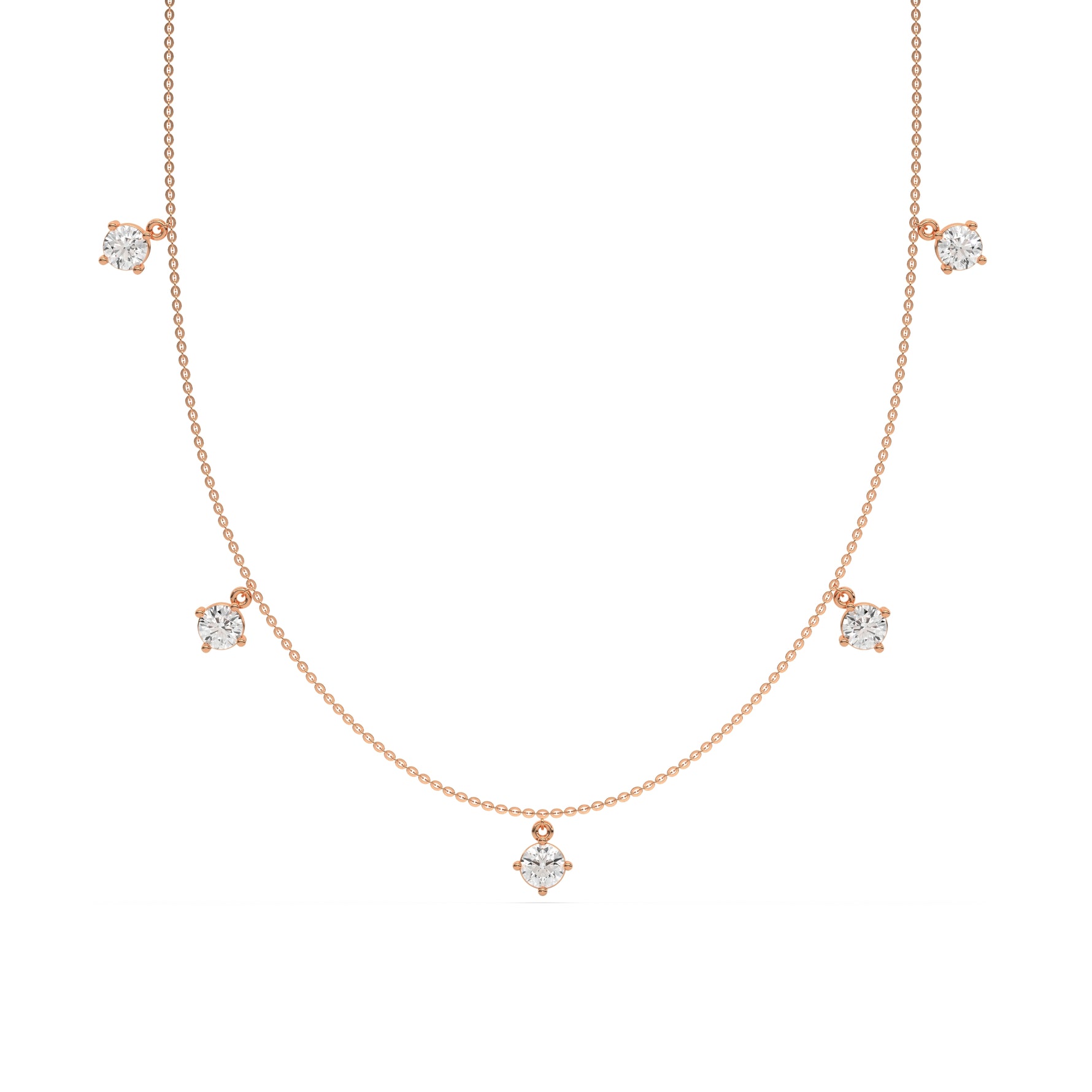 Round Dangling Diamond Necklace made with five round brilliant-cut diamonds each set in a prong setting, distributed evenly along the chain