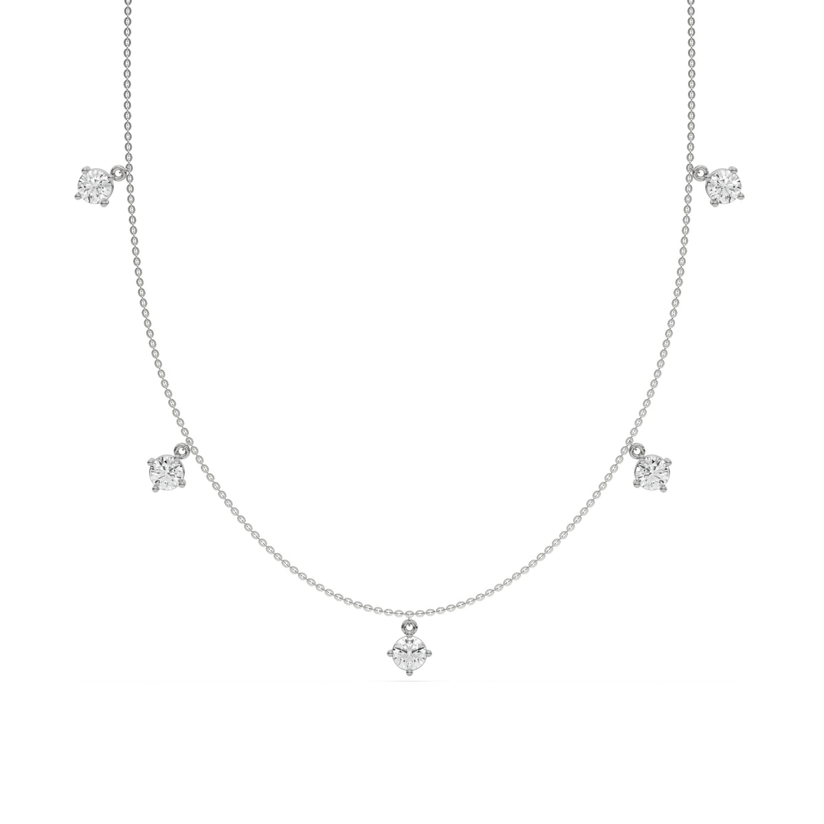 Round Dangling Diamond Necklace made with five round brilliant-cut diamonds each set in a prong setting, distributed evenly along the chain