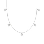 Round Dangling Diamond Necklace made with five round brilliant-cut diamonds each set in a prong setting, distributed evenly along the chain