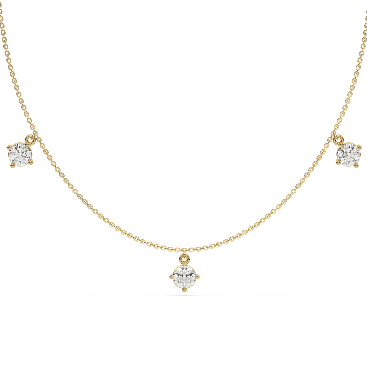 Round Dangling Diamond Necklace made with five round brilliant-cut diamonds each set in a prong setting, distributed evenly along the chain