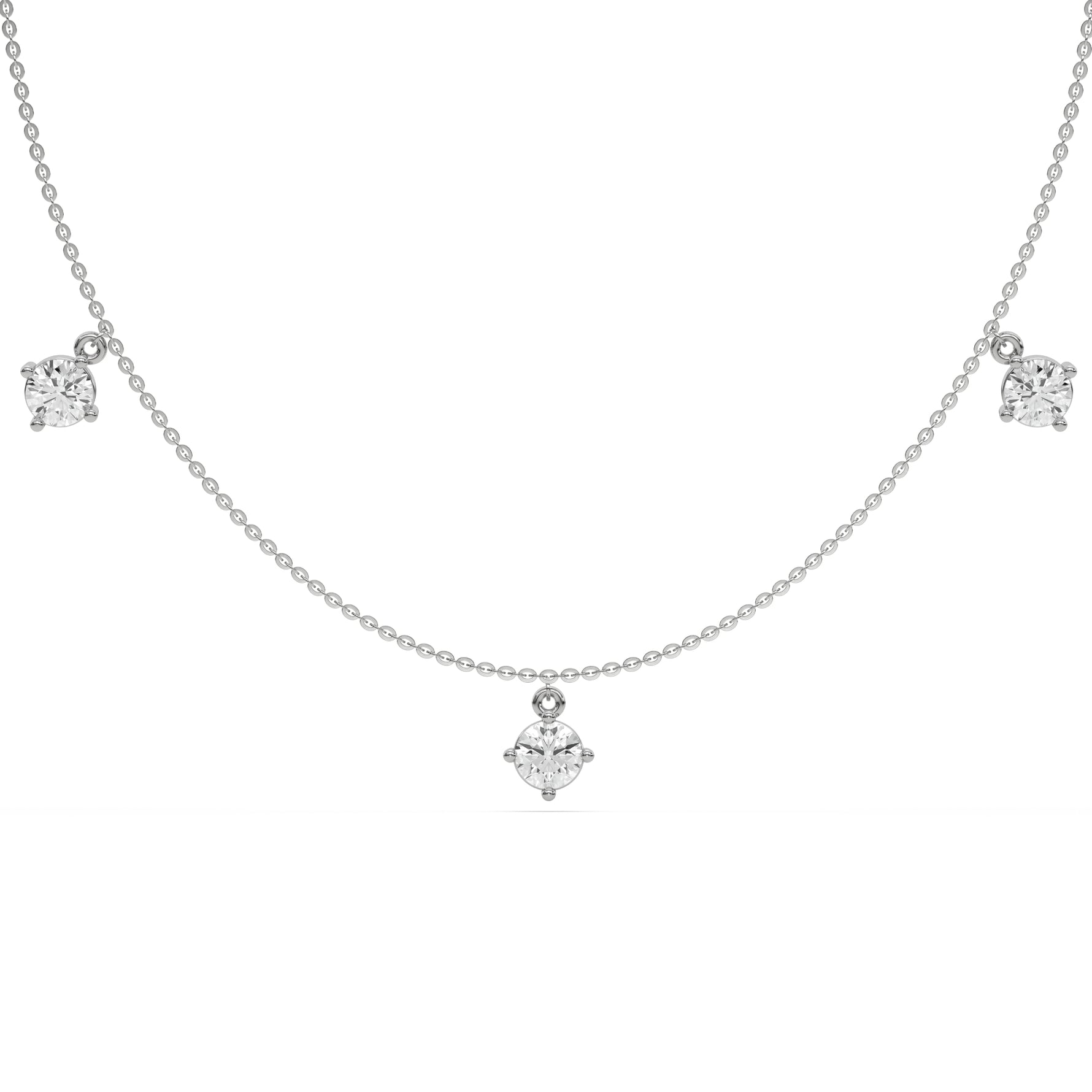 Round Dangling Diamond Necklace made with five round brilliant-cut diamonds each set in a prong setting, distributed evenly along the chain