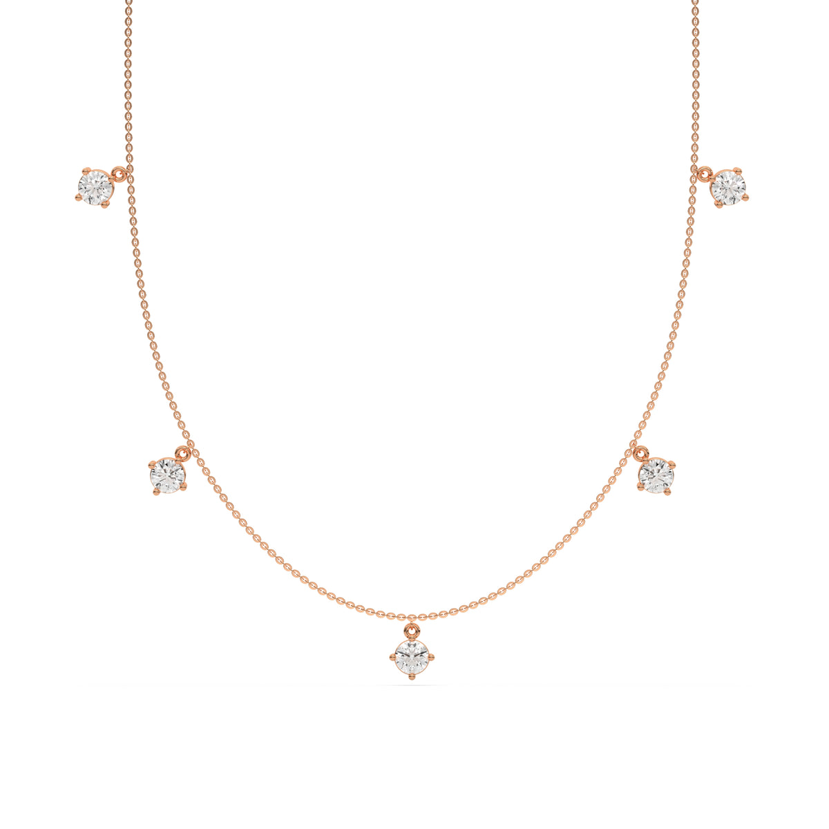 Round Dangling Diamond Necklace made with five round brilliant-cut diamond set in a prong setting, distributed evenly along the chain