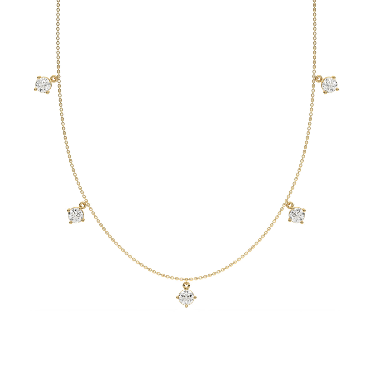 Round Dangling Diamond Necklace made with five round brilliant-cut diamond set in a prong setting, distributed evenly along the chain