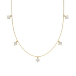 Round Dangling Diamond Necklace made with five round brilliant-cut diamond set in a prong setting, distributed evenly along the chain