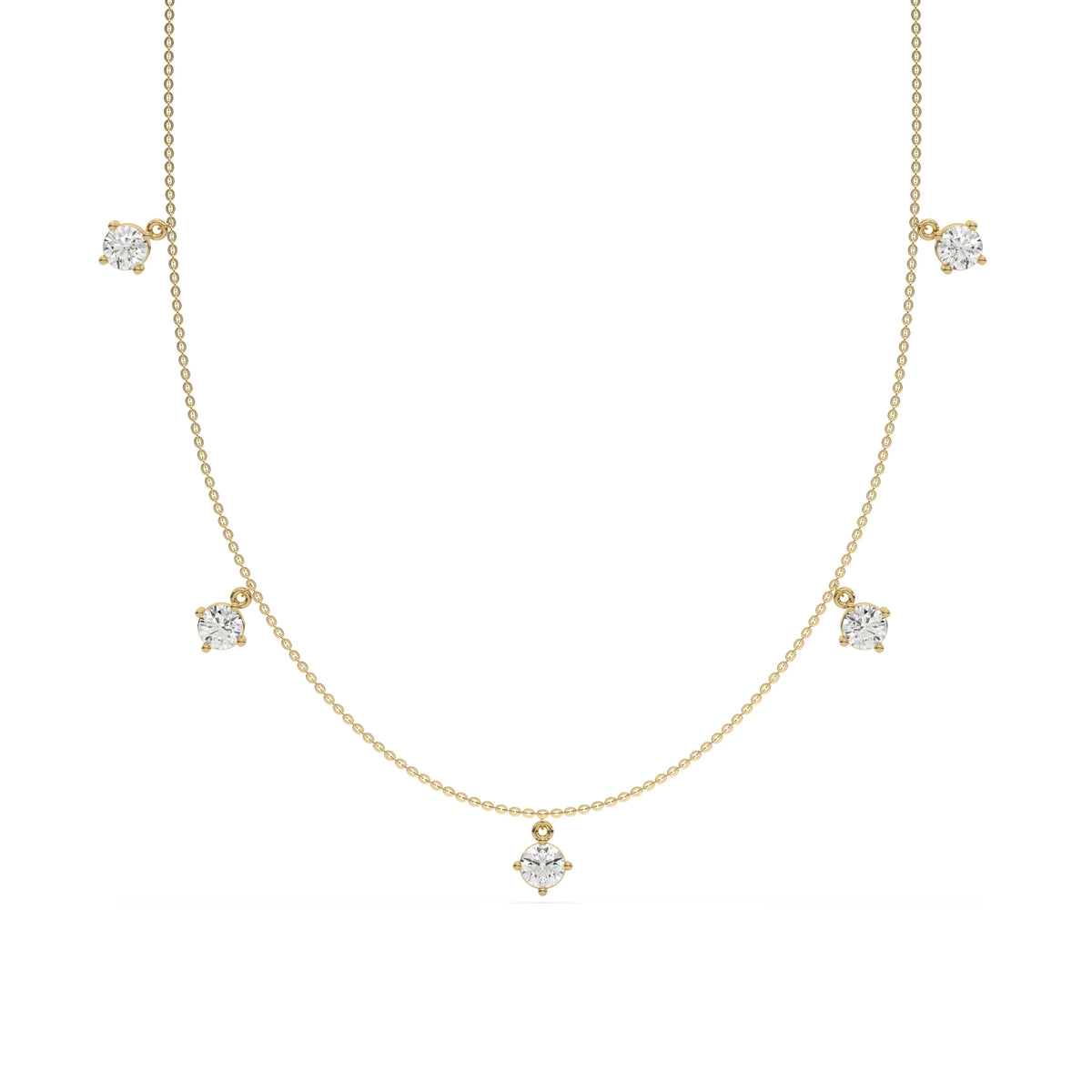 Yellow gold Round diamond Dangling necklace featuring five sparkling prong-set round diamonds dangling along a delicate chain with a white background.
