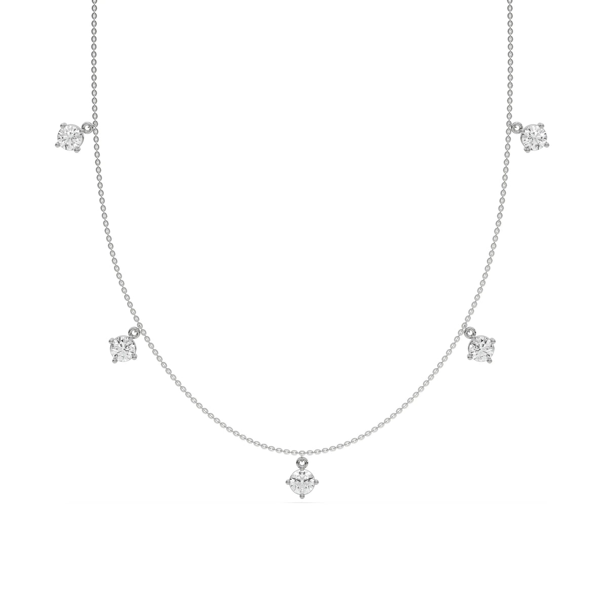 white gold Round diamond Dangling necklace featuring five sparkling prong-set round diamonds dangling along a delicate chain with a white background.