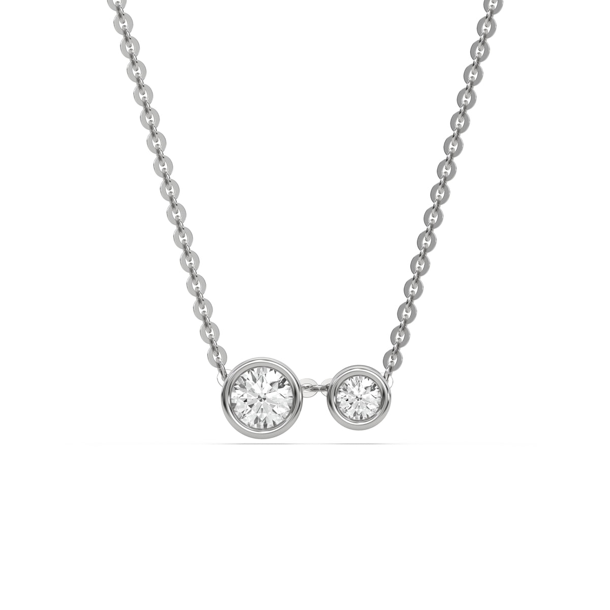 This white gold Round Diamond Necklace made with two round brilliant-cut diamonds, securely set in bezel setting in top view