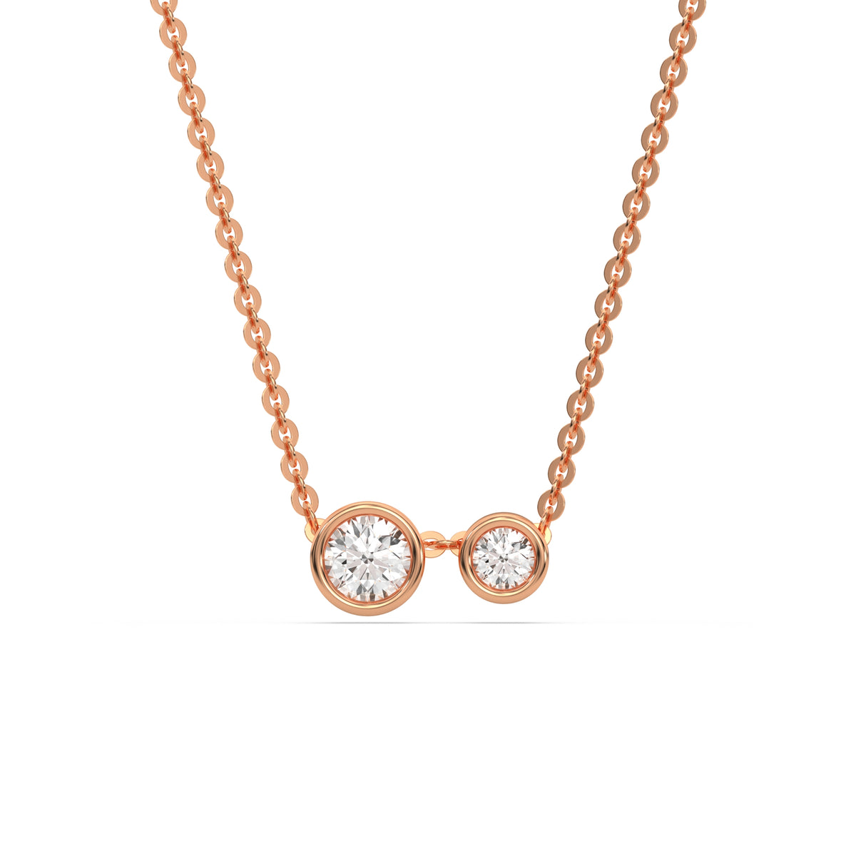 This rose gold Round Diamond Necklace made with two round brilliant-cut diamonds, securely set in bezel setting in top view