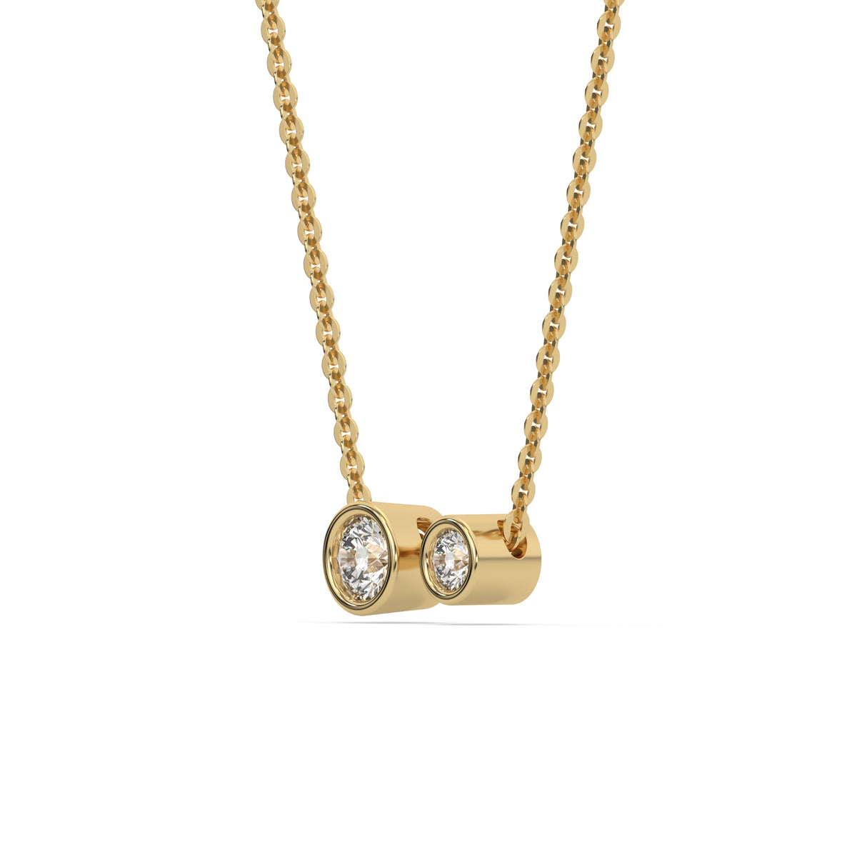 This yellow gold Round Diamond Necklace made with two round brilliant-cut diamonds, securely set in bezel setting in side view