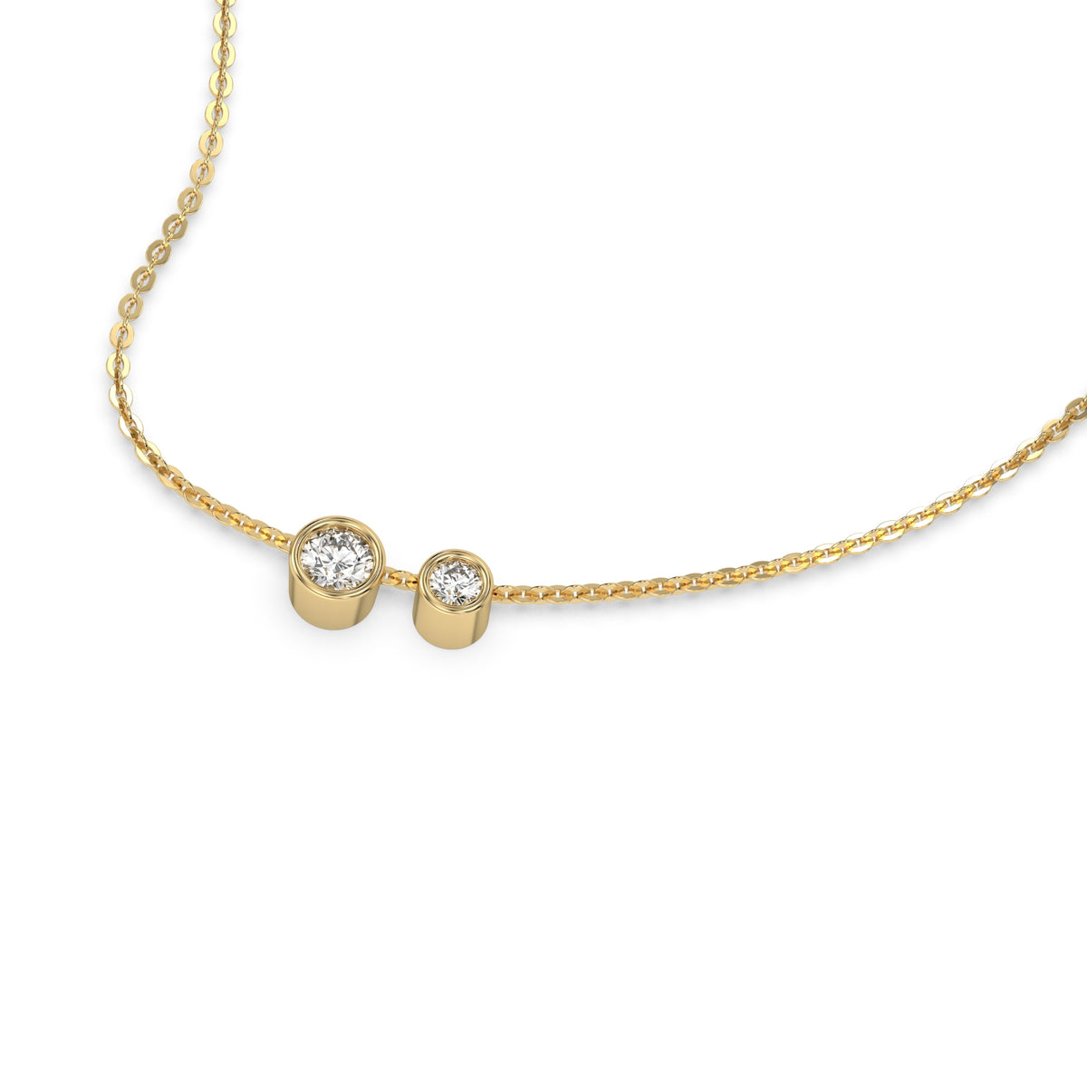 This yellow gold Round Diamond Necklace made with two round brilliant-cut diamonds, securely set in bezel setting in 3d view