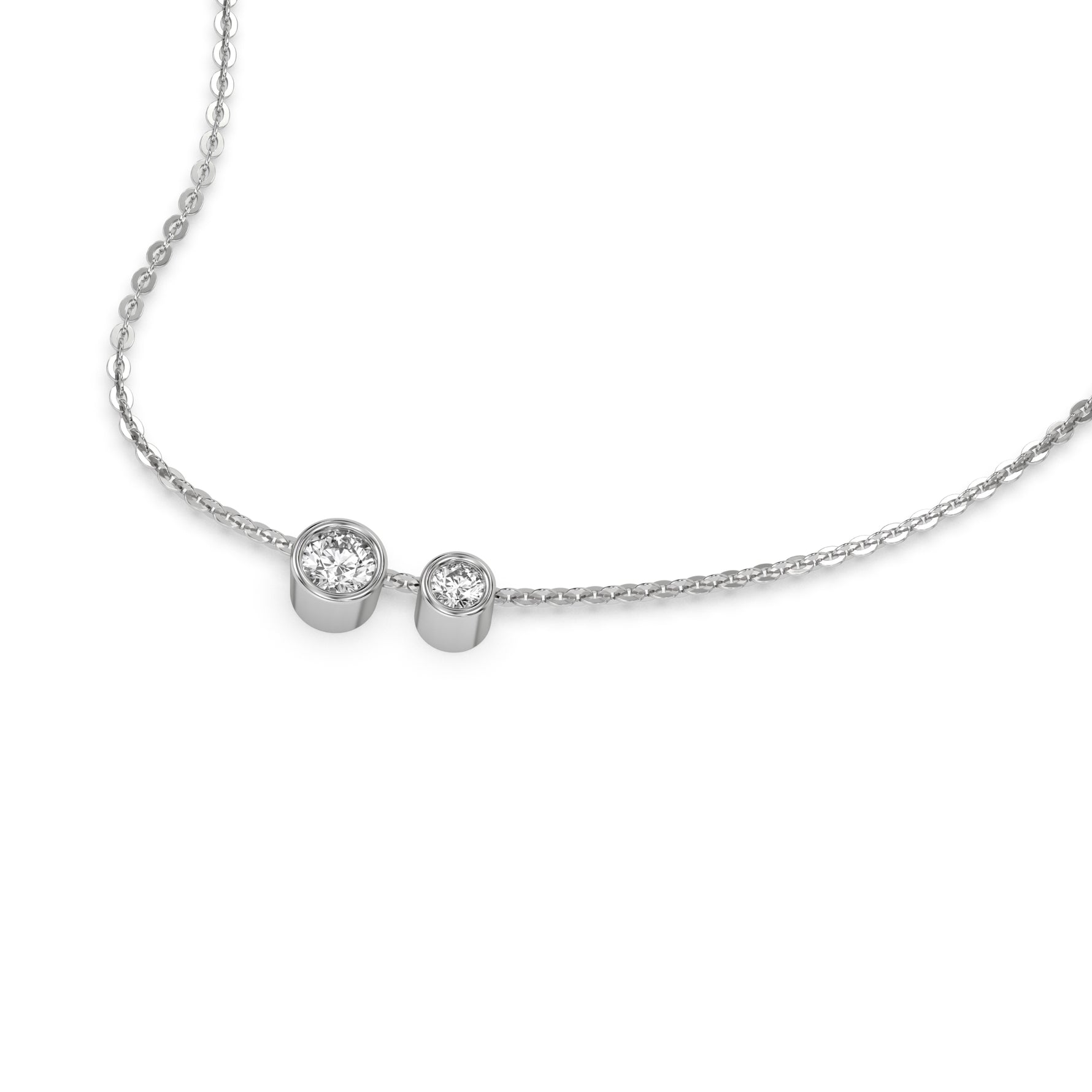 This white gold Round Diamond Necklace made with two round brilliant-cut diamonds, securely set in bezel setting in 3d view