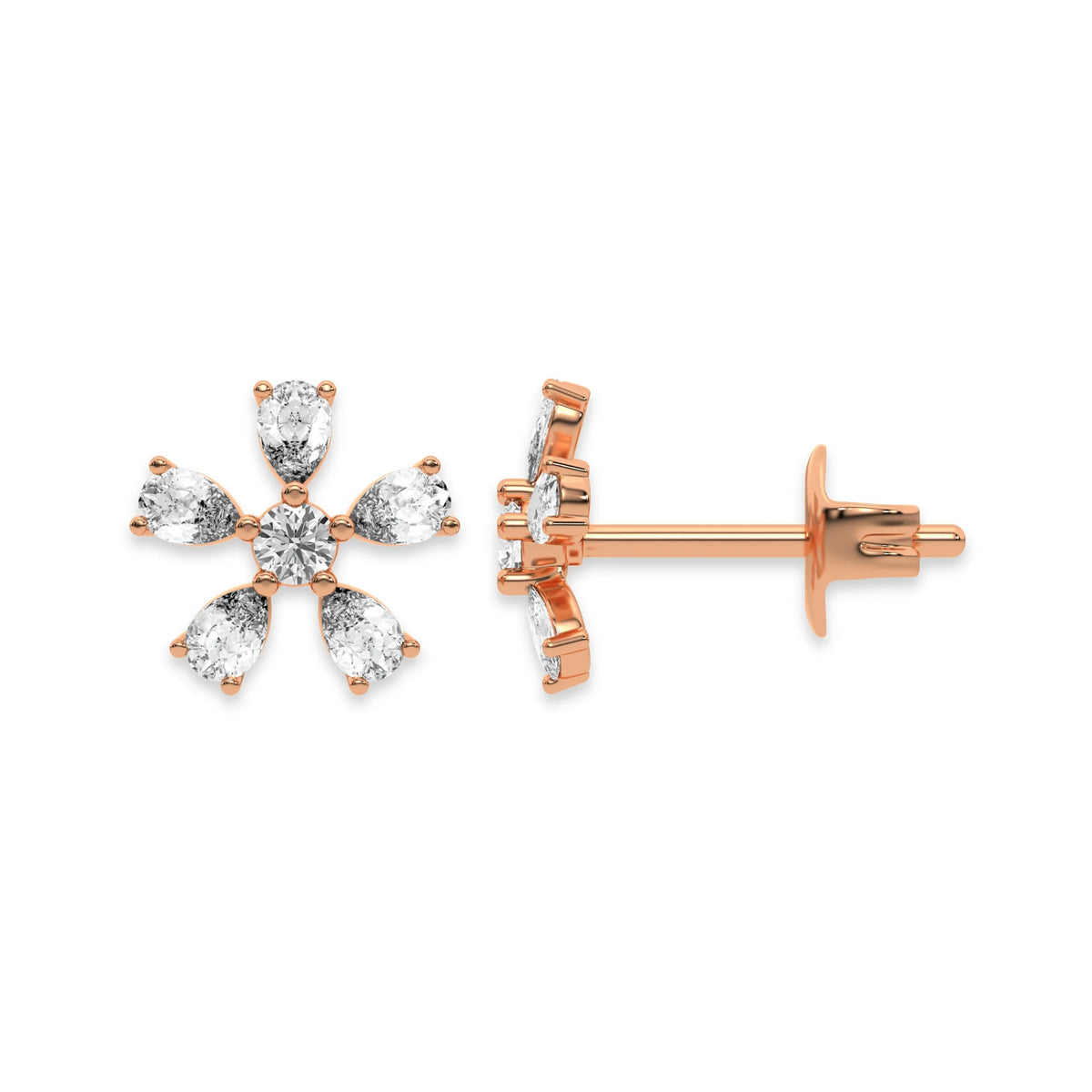 Front and side view of a prong-set pear and round diamond stud earring in rose gold, showcasing a five-petal flower cluster setting with post and push back.