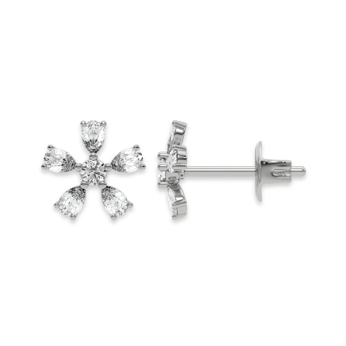 Front and side view of a prong-set pear and round diamond stud earring in white gold, showcasing a five-petal flower cluster setting with post and push back.