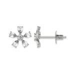 Front and side view of a prong-set pear and round diamond stud earring in white gold, showcasing a five-petal flower cluster setting with post and push back.