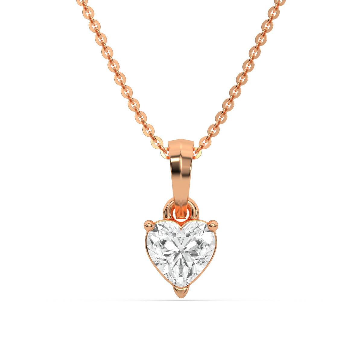 This rose gold Heart Solitaire Diamond Necklace made with a heart cut diamond in a four prong setting with adjustable chain in top view