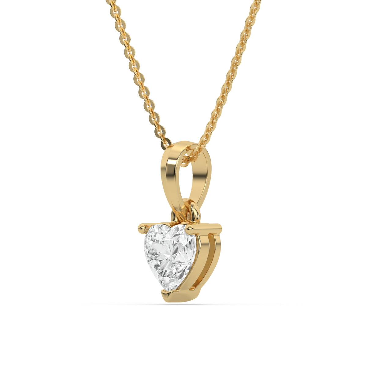 This yellow gold Heart Solitaire Diamond Necklace made with a heart cut diamond in a four prong setting with adjustable chain in side view