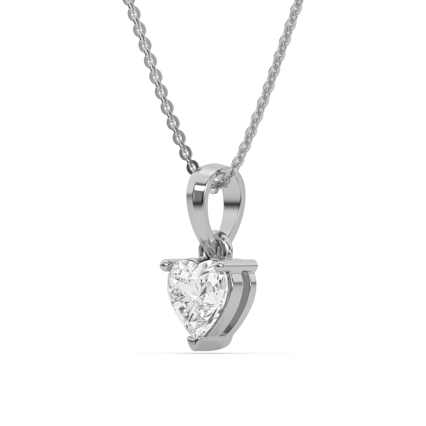 This white gold Heart Solitaire Diamond Necklace made with a heart cut diamond in a four prong setting with adjustable chain in side view