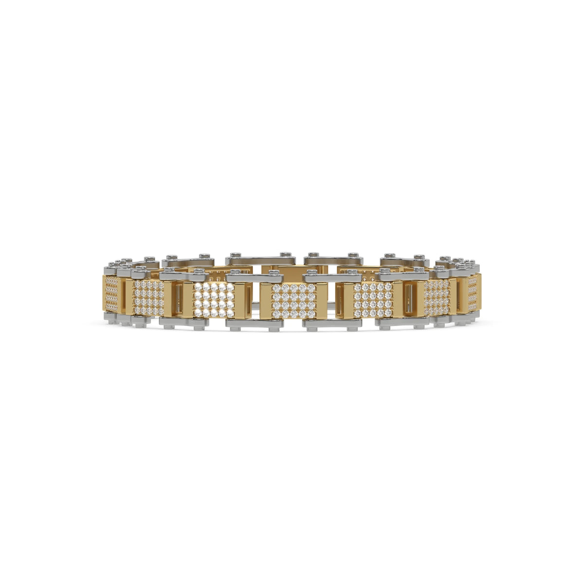 This two tone gold Diamond link bracelet features 3.40 CT of round cut diamonds set in a pave setting in top view