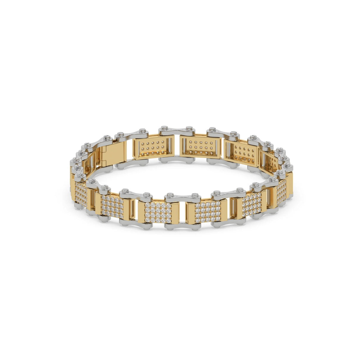 This two tone gold Diamond link bracelet features 3.40 CT of round cut diamonds set in a pave setting in side view