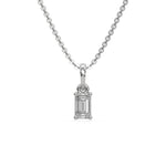 This white gold Emerald Solitaire Diamond Necklace made with an emerald cut diamond in a four prong setting with adjustable chain in top view