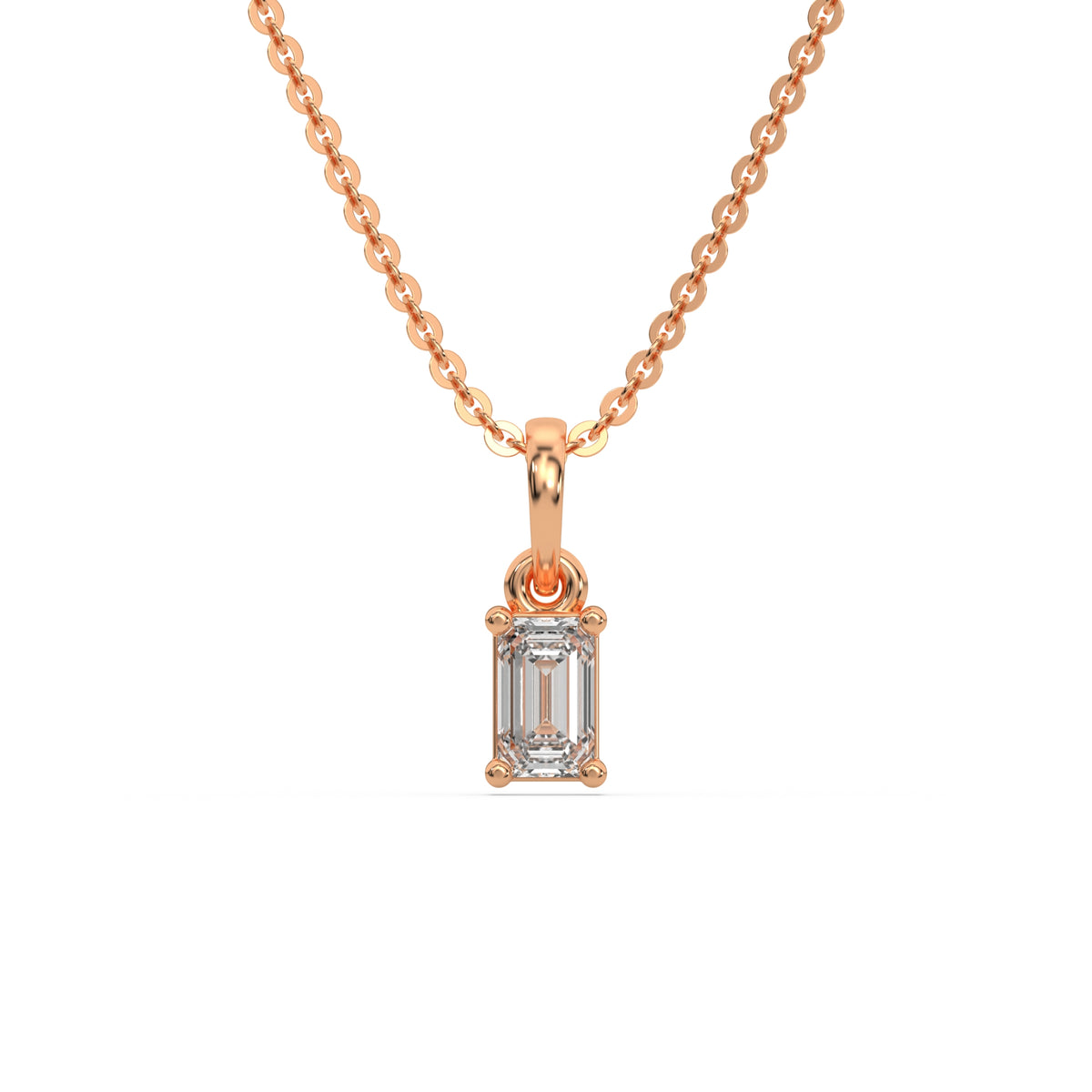 This rose gold Emerald Solitaire Diamond Necklace made with an emerald cut diamond in a four prong setting with adjustable chain in top view