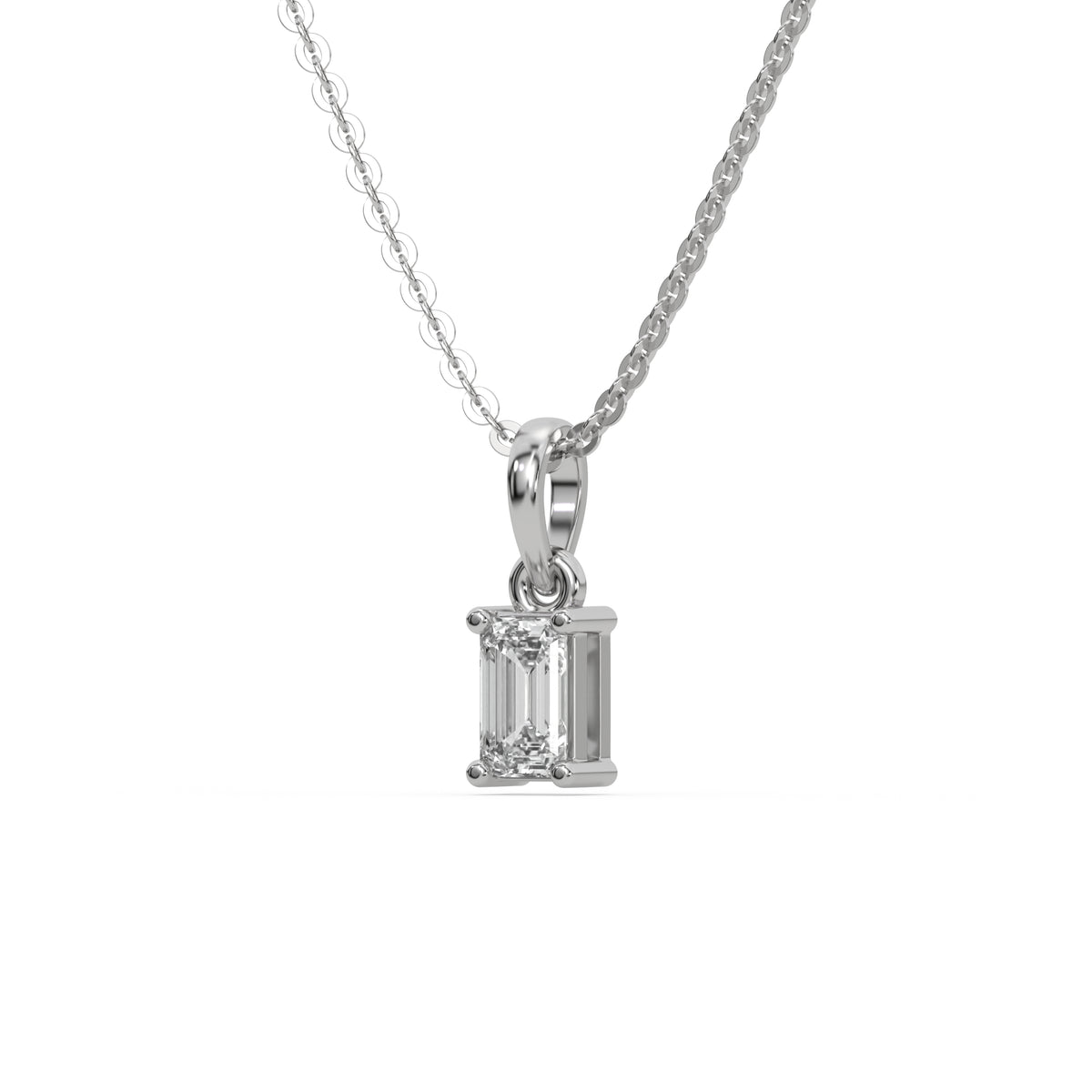 This white gold Emerald Solitaire Diamond Necklace made with an emerald cut diamond in a four prong setting with adjustable chain in side view