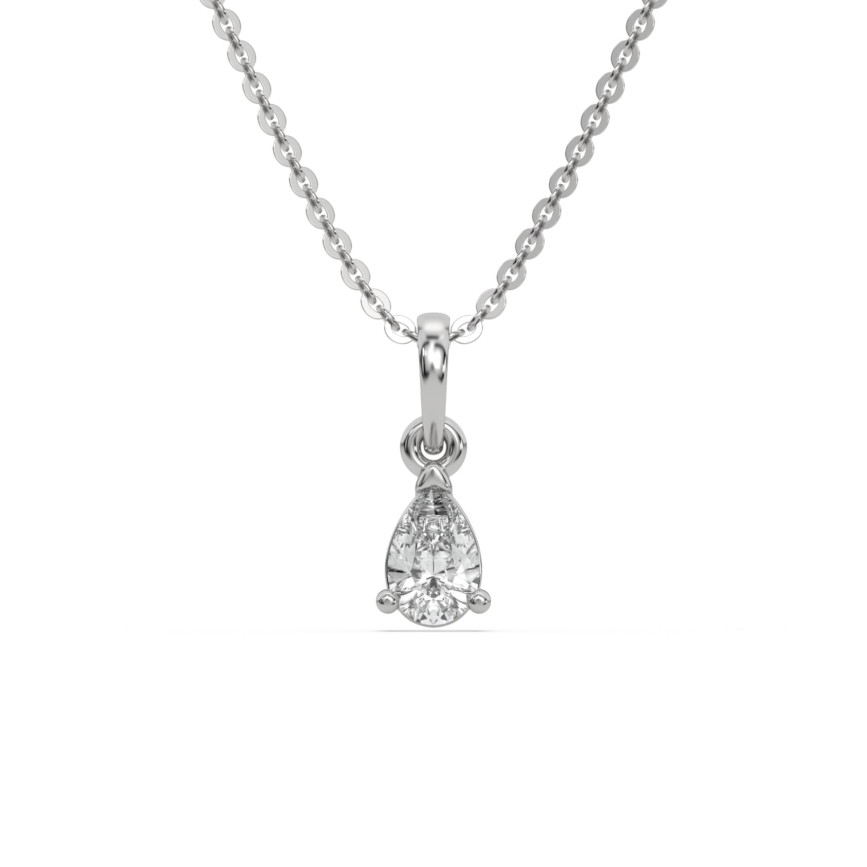 This white gold Pear Solitaire Diamond Necklace made with a pear cut diamond in a four prong setting with adjustable chain in top view