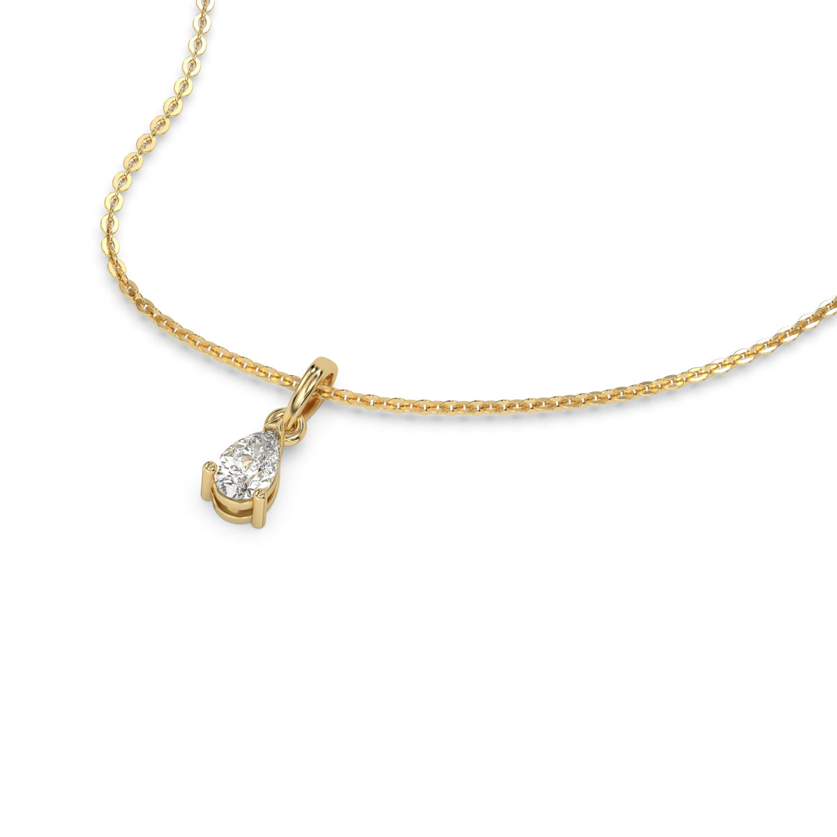 This yellow gold Pear Solitaire Diamond Necklace made with a pear cut diamond in a four prong setting with adjustable chain in 3d view